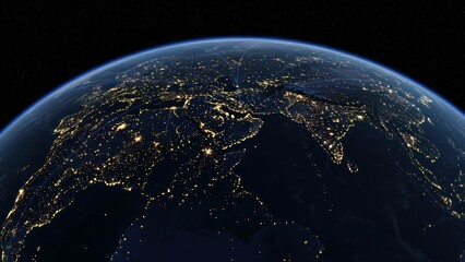 Obraz premium Earth at night, Asia. Satellite view shows city lights, global network, India, Middle East, connecting countries. Demonstrates globalization, connectivity, technology.