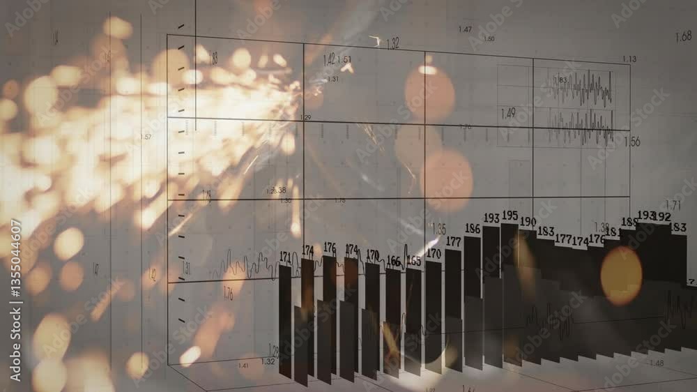 Aufkleber overlaying glowing light effects, bar chart and line graphs showing data trends