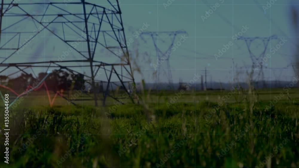 Poster electricity pylons standing in green field with data processing animation overlay