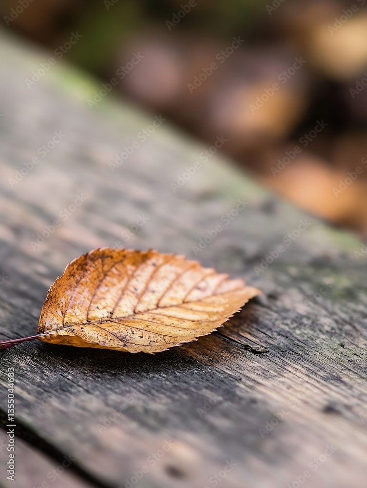 Aufkleber dried autumn leaf resting on weathered wooden surface showcasing natural texture and color : generat