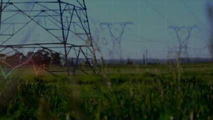 Electricity pylons standing in green field with data processing animation overlay - Powered by Adobe