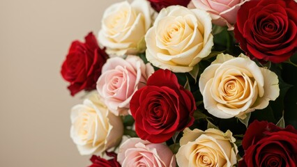Naklejka premium Red, pink, white roses: Elegant floral bouquet presents love, romance, beauty. Perfect Valentine's Day, anniversaries, Mother's Day, celebrations.