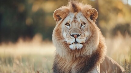 Fototapeta premium Majestic closeup portrait of a lion showcasing its powerful presence and stunning features in a lush natural habitat : Generative AI