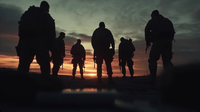 Silhouette of five Armed soldiers standing on the roof, the soldiers who has just seen heavy combat.