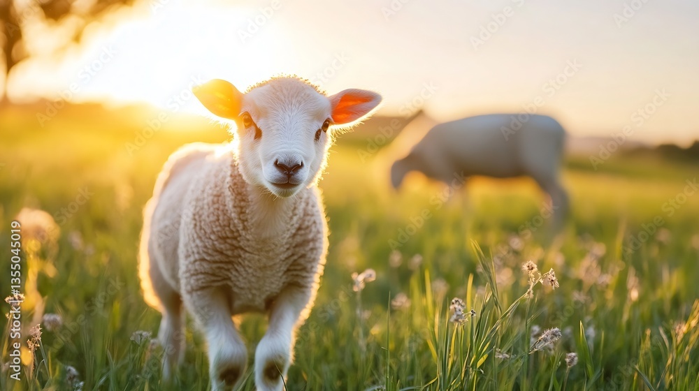 Poster adorable young lamb happily playing in a sunlit green pasture with sheep in the background : generat
