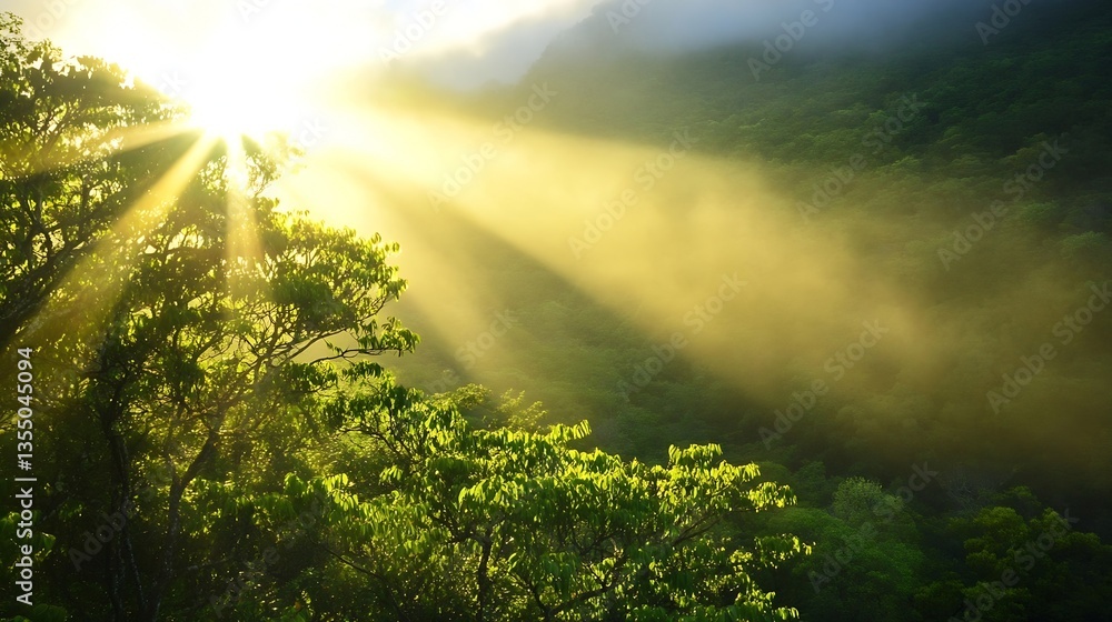 Poster stunning landscape view with sunlight rays breaking through the fog over lush green mountain : gener