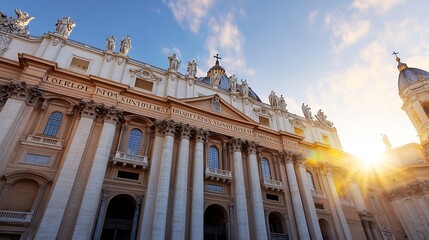 Obraz premium Stunning view of St Peters Basilica under a beautiful sunrise showcasing its magnificent architecture and details : Generative AI