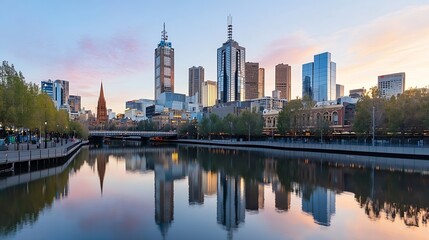 Obraz premium Vibrant city skyline of Melbourne at sunset reflecting on water offering a blend of nature and urban beauty : Generative AI