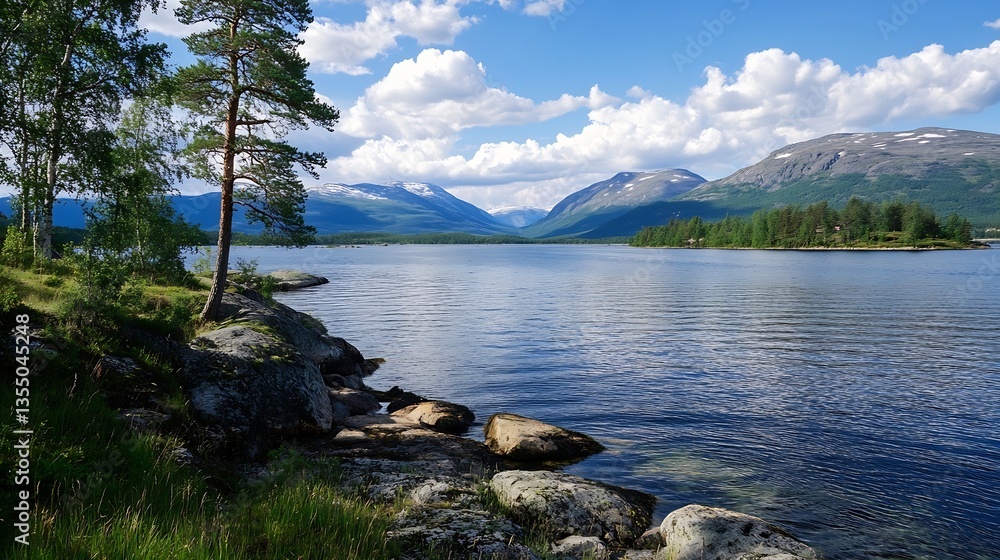 Poster calm lake surrounded by lush greenery and mountains under bright blue sky with fluffy clouds : gener