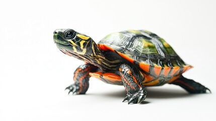 Obraz premium Small turtle, facing forward, studio white background. Possible educational use.