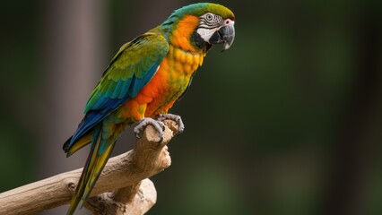 Fototapeta premium Macaw parrot perched on branch against forest backdrop. Rich plumage showcases vibrant colors. Represents nature, exotic wildlife, conservation.