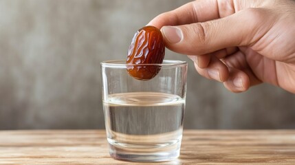 A hand holding a date over a glass of water, symbolizing the traditional way to break the fast during Ramadan.