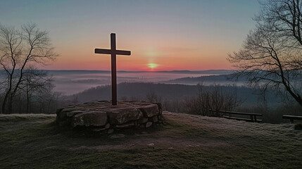 A serene sunrise view featuring a cross on a stone pedestal, surrounded by misty hills and trees, creating a peaceful atmosphere.