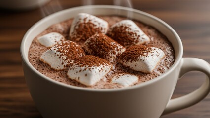 Hot chocolate beverage with marshmallows and cacao powder on wooden table. Warm, comforting drink. Simple indulgence, perfect for winter, holidays and celebrations.