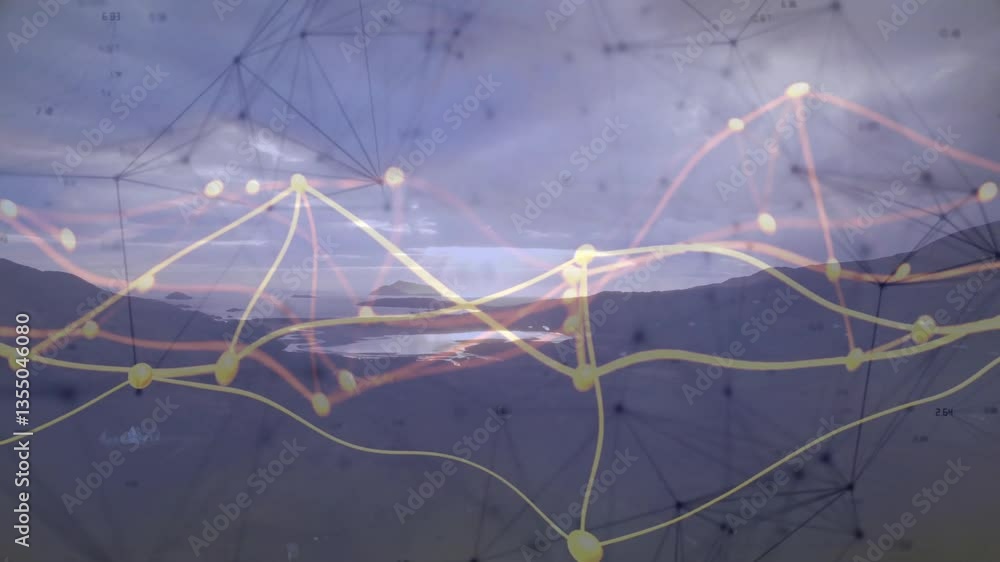 Poster data processing animation over landscape showing network of connections in motion
