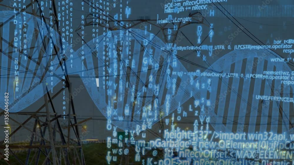 Poster dna strand and binary coding animation over power lines at dusk