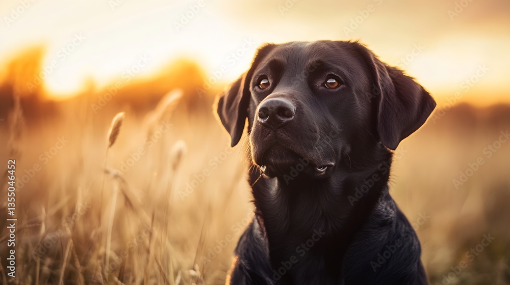 Poster majestic black labrador retriever gazing into the sunset field with a serene expression : generative