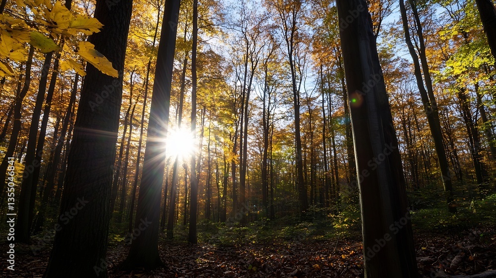 Poster sunlight streaming through trees in an autumn forest highlighting nature's beauty : generative ai
