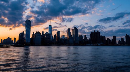 Obraz premium Stunning sunset view of New York City skyline reflected in water with dramatic clouds and vibrant colors : Generative AI