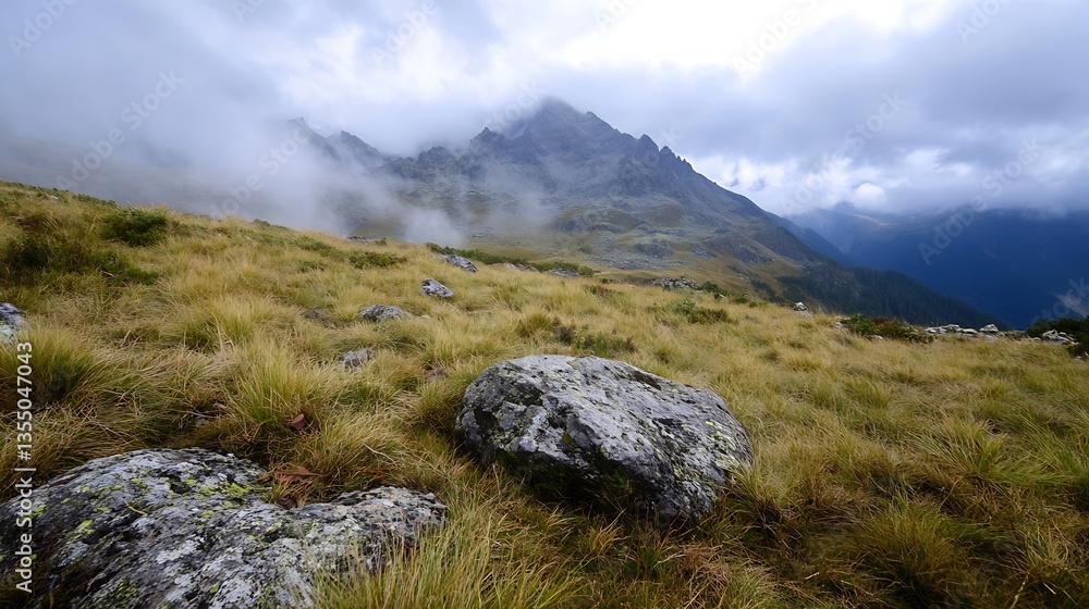 Poster scenic view of rocky mountains surrounded by lush grasslands and rolling clouds in the sky : generat