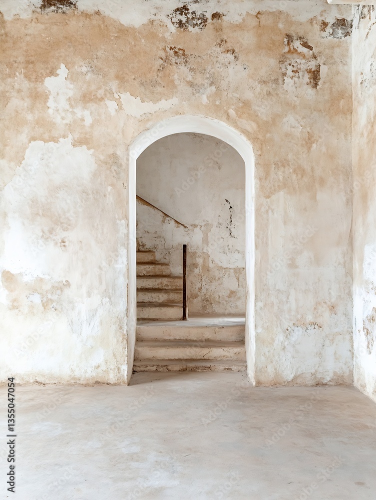 Poster interior view showcasing a worn staircase and cracked walls in a vintage and rustic setting : genera