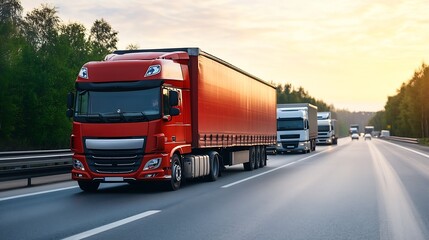 Red delivery truck driving on a highway surrounded by lush green trees under a beautiful sunset sky : Generative AI