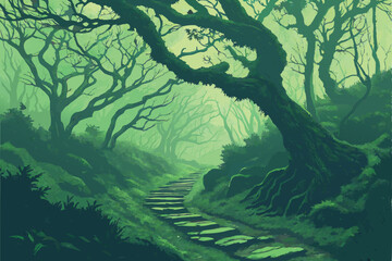 22 Enchanted forest, twisted moss-covered trees, winding path, ancient stone steps, misty atmosphere, ethereal green glow, magical woodland, intertwining branches, fantasy landscape, mystical forest t