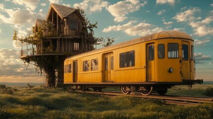 Enchanted Sunset Train and Treehouse Wonderland Landscape