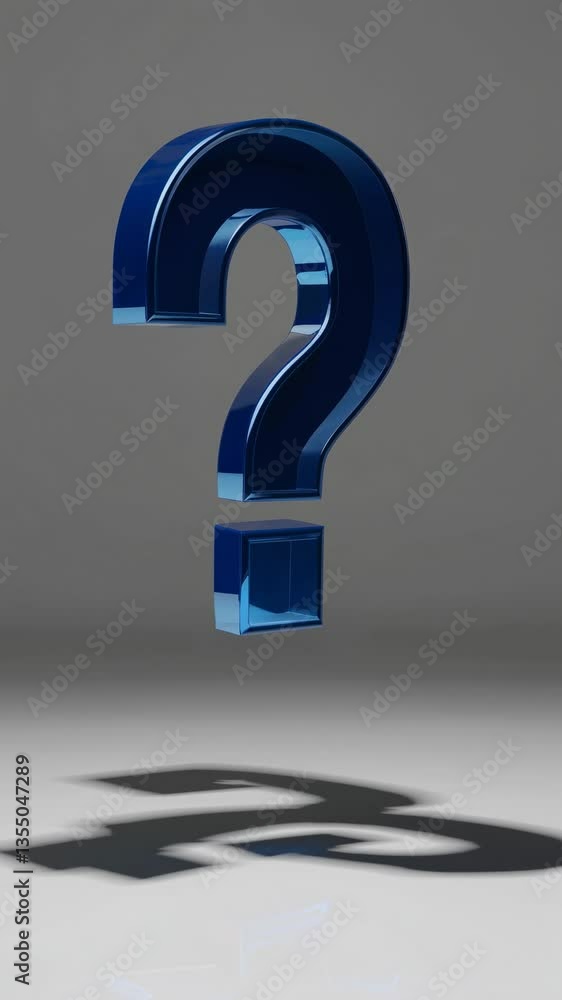 Poster a 3d blue question mark stands upright on a reflective surface. low-angle shot, emphasizing depth an
