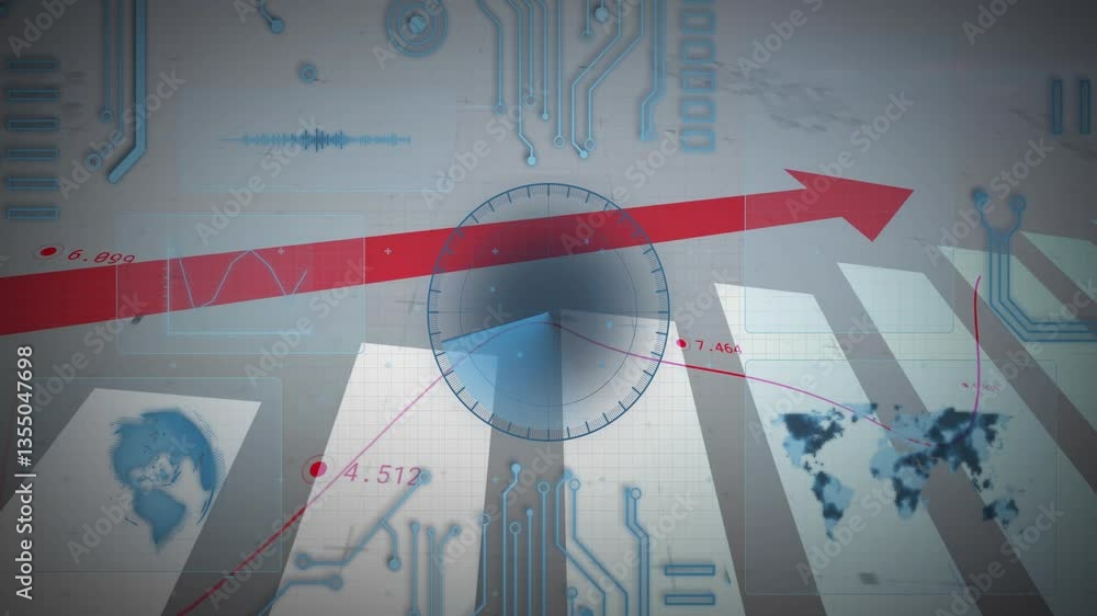 Poster animation of red arrow with digital graphs over world map and circuit patterns