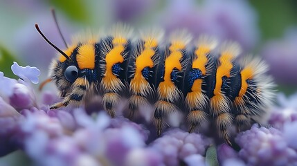 Obraz premium Fuzzy caterpillar on purple flower.