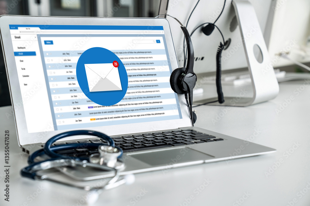 Poster email notification message showing on computer screen snugly. digital marketing message information 