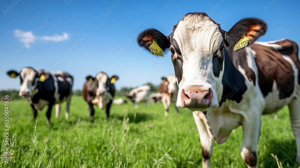 Poster curious cow standing in a lush green pasture under a clear blue sky with other cows in the backgroun
