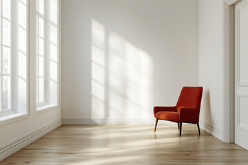  minimalist hallway with red chair