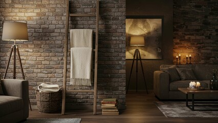 Living room interior featuring brick wall, ladder with blanket, and sofa. Warm lighting creates cozy atmosphere, promoting relaxation, comfort, style, and well-being.