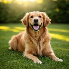 Sunlit Golden Retriever Relaxing on a Lawn