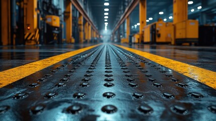 Industrial Factory Floor with Yellow Lines and Studded Metal Surface