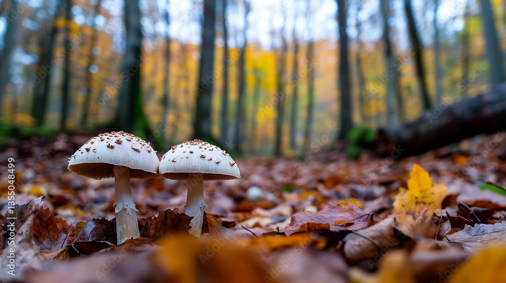 Aufkleber two elegant mushrooms growing amidst autumn leaves in a serene forest setting with vibrant foliage :