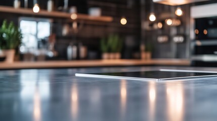 Obraz premium Modern kitchen with sleek countertop and warm lighting creating a cozy and inviting atmosphere : Generative AI