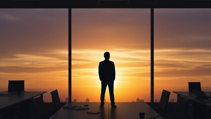 Businessman silhouette stands inside office at panoramic window at sunset overlooking cityscape. Success, leadership, ambition, career goals.