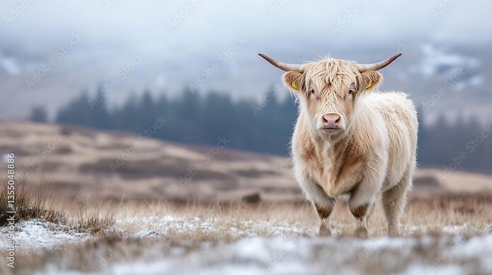 Poster adorable highland cow looking curiously at the camera grazing in a grassy field with a misty backgro