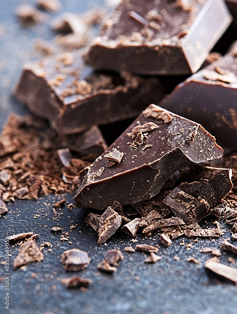 Aufkleber Closeup view of broken dark chocolate pieces displaying smooth texture and rich cocoa flavor on dark backdrop : Generative AI