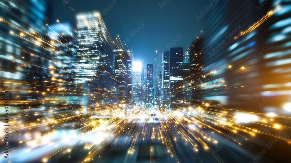 Poster abstract depiction of a vibrant cityscape at night illuminated by speeding lights and urban glow : g