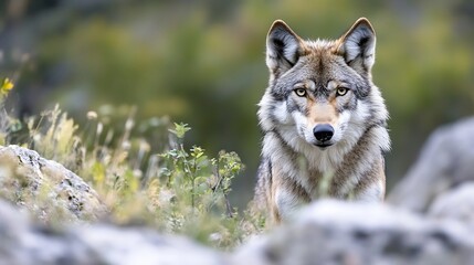 Obraz premium Majestic wild wolf gazing intently amidst nature showcasing its beauty and wild spirit in the wilderness : Generative AI