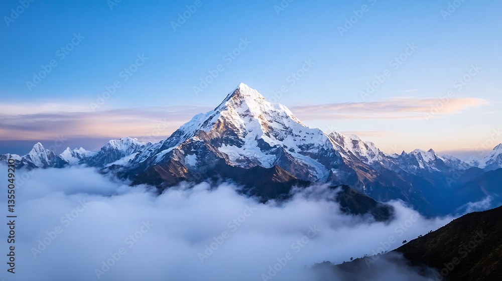 Aufkleber breathtaking view of high rocky mountain range with snow and clouds at sunrise : generative ai