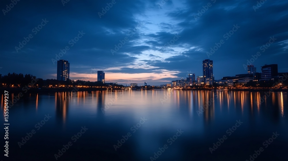 Poster stunning city skyline at dusk with lights reflecting on calm water in a serene setting : generative 