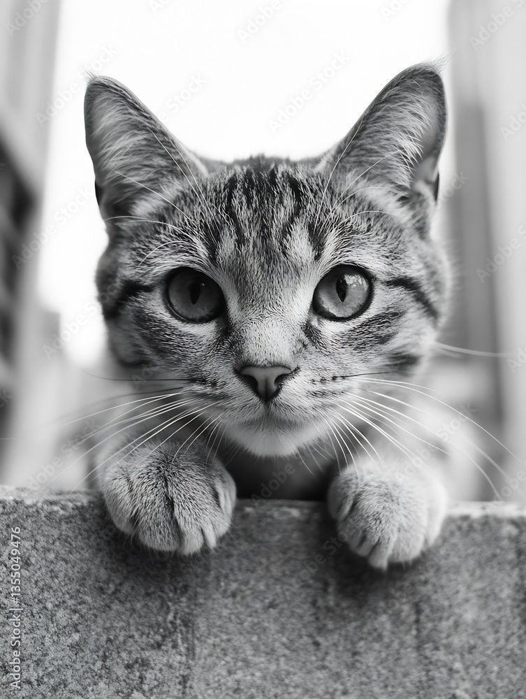 Poster close up portrait of a curious tabby cat gazing into the camera with vivid eyes and whiskers in urba