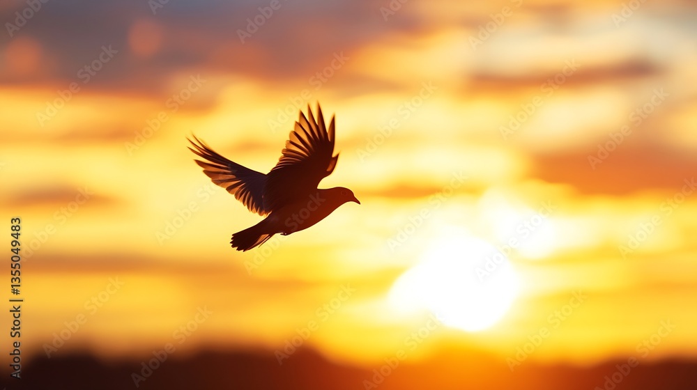 Poster a solitary bird soaring through the colorful evening sky during sunset capturing the essence of free