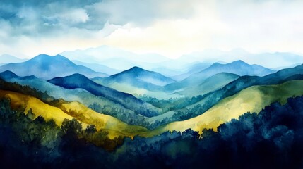 Obraz premium Serene Mountain Range Watercolor Landscape with Depth and Tranquil Atmosphere - Peaceful Nature Artwork for Wall Decor and Design Projects