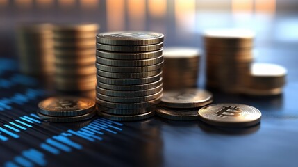 Bitcoin Cryptocurrency Investment Growth Stacks of Golden Coins on a Finance Chart Background Representing Digital Currency Market and Wealth
